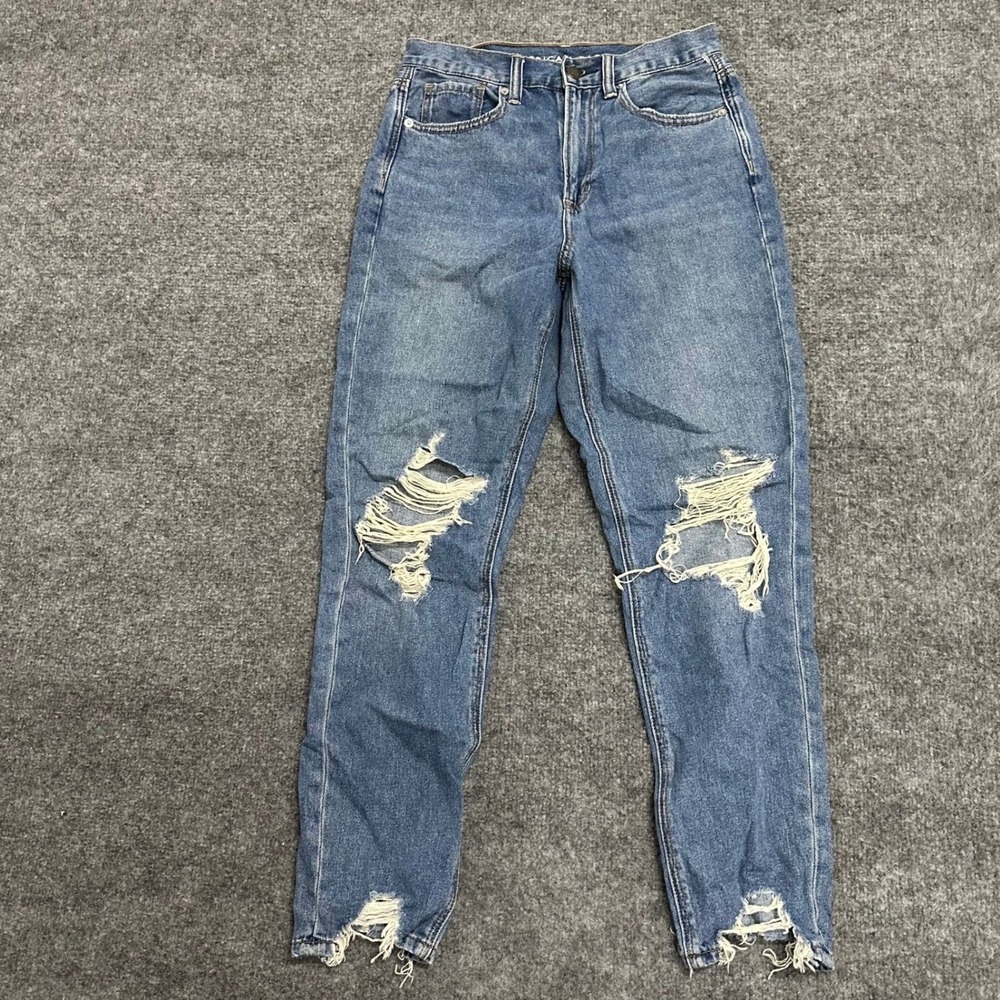 American Eagle Jeans Womens Size 2 Blue Mom High Raw Hem Distressed Denim